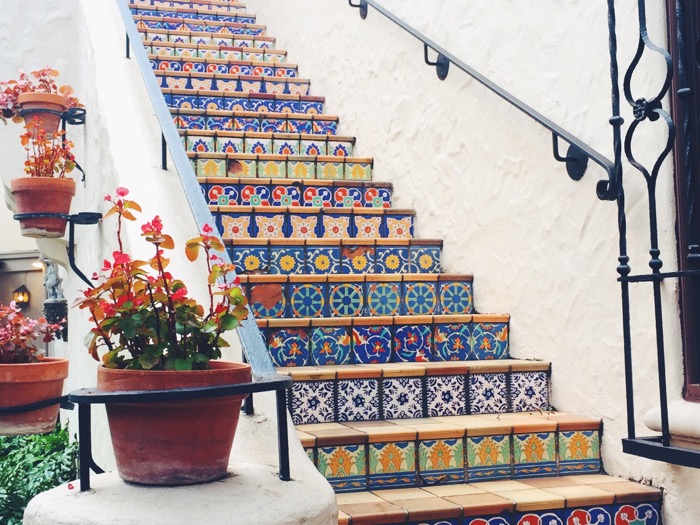 Mosaic tile steps at the McNay Art Museum, a San Antonio photography spot for family or bridal photoshoots.